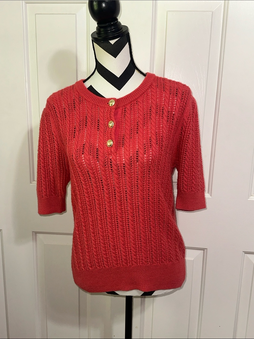 Derek Lam 10 Crosby Red Knit Short Sleeve Sweater with Gold Buttons